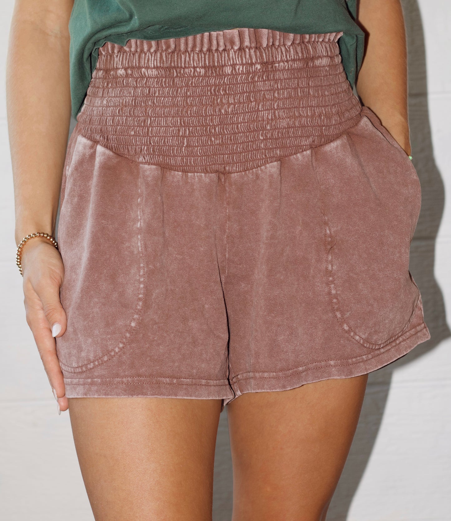 Smocked waist Mineral wash shorts