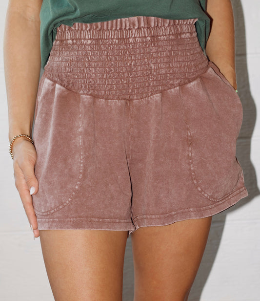 Smocked waist Mineral wash shorts