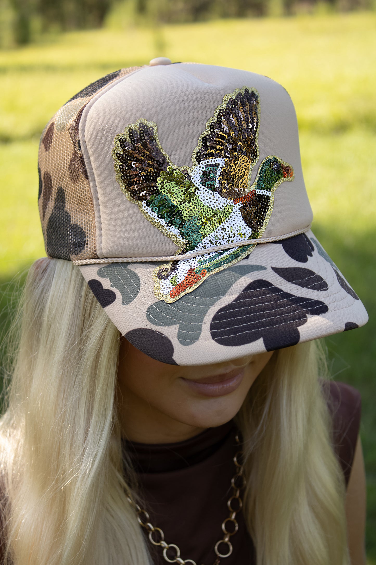 Sequin duck trucker hat
