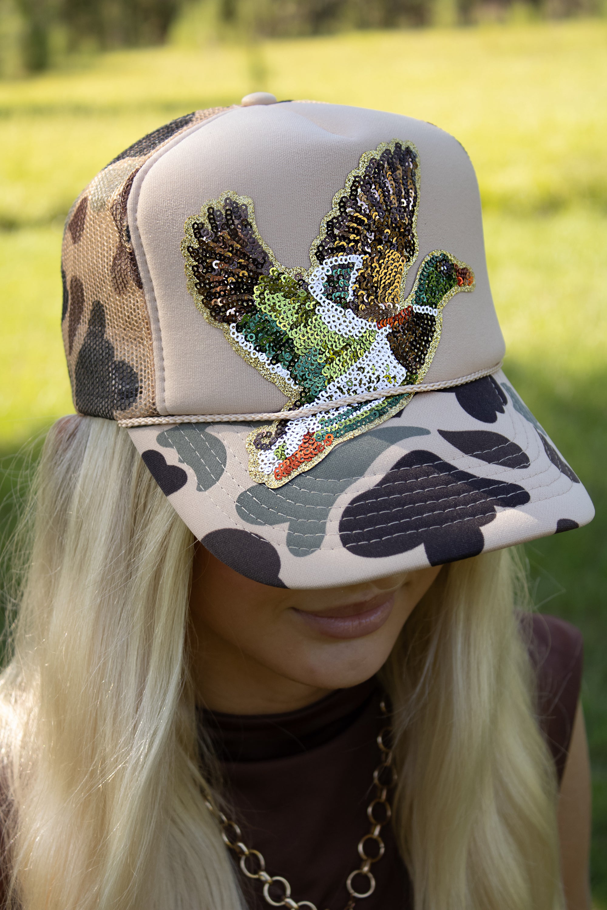 Sequin duck trucker hat