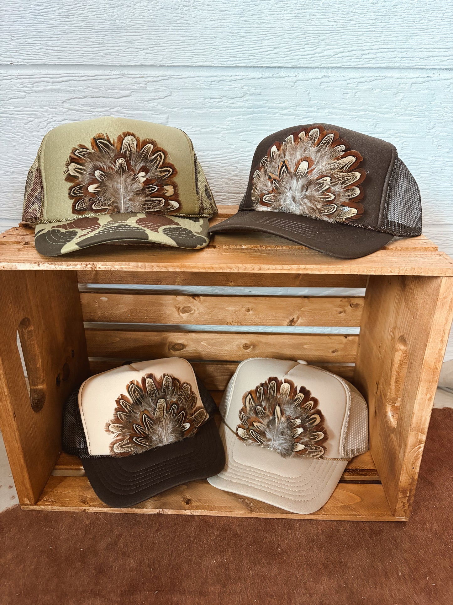 Pheasant feather trucker hat