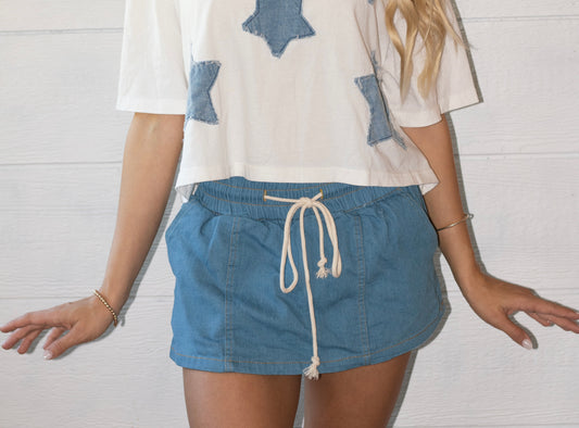 Drawstring waist denim skort